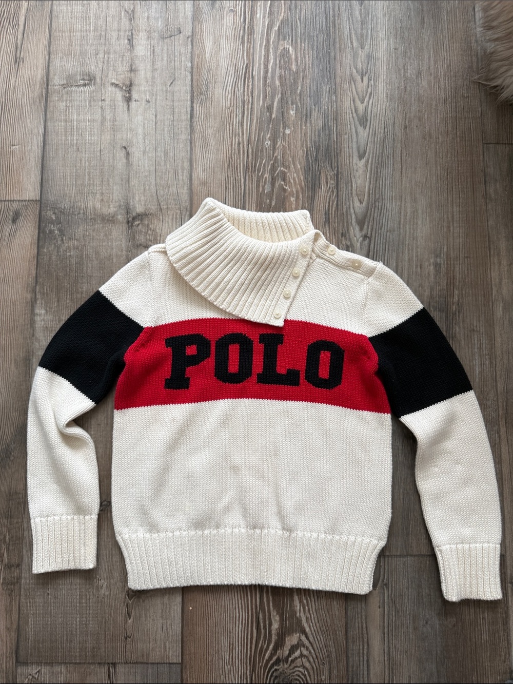 Polo by Ralph Lauren Cream Red Black Turtleneck Logo Sweater
